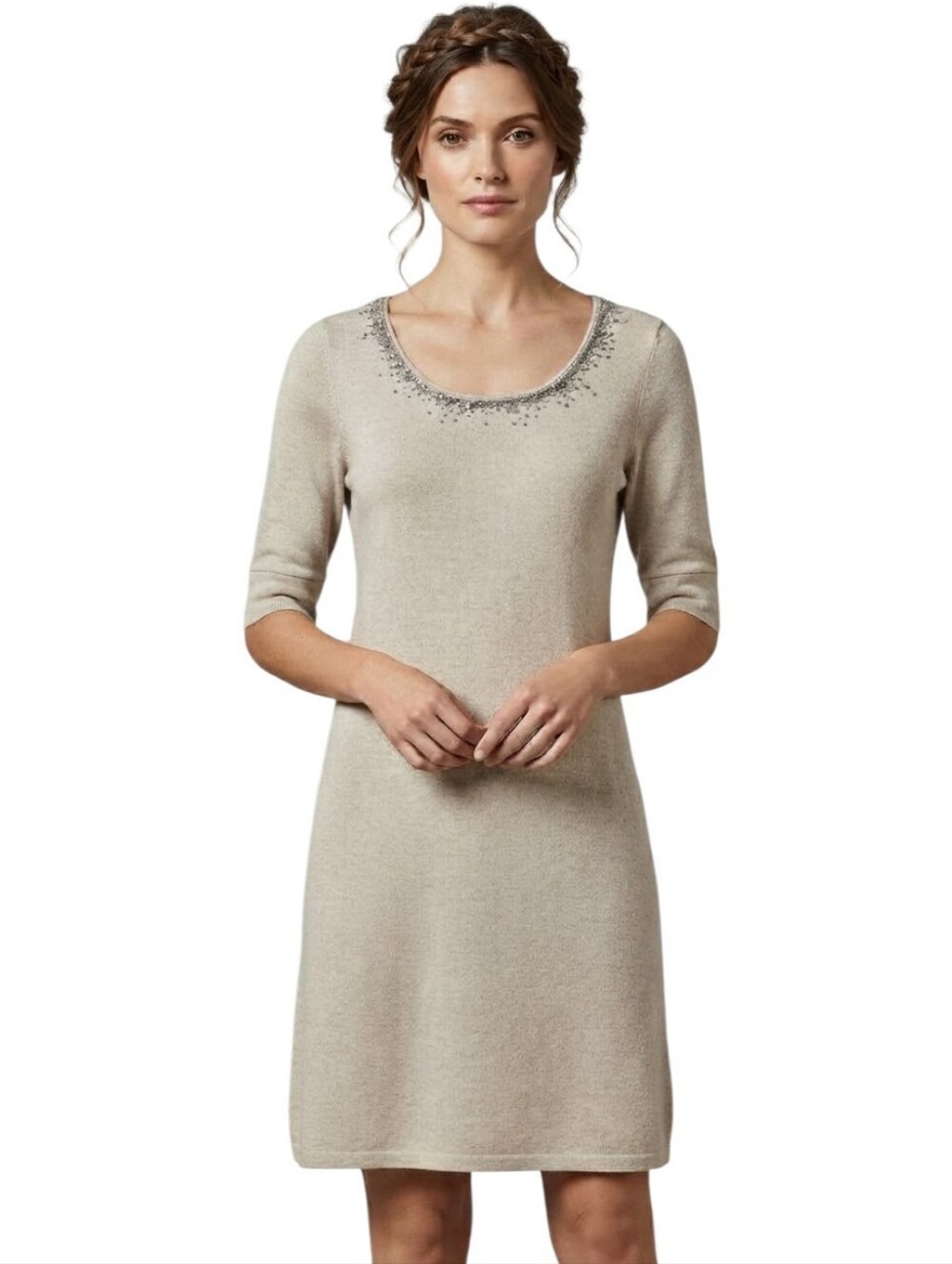 Eileen Fisher Merino Wool Knit Tunic Dress Beaded Neckline Oatmeal Size Small